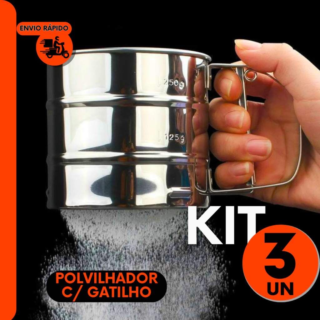 Kit Peneira Polvilhador com Gatilho Inox do Chef Confeiteiro Para Doces Pães e Bolos Para Padaria