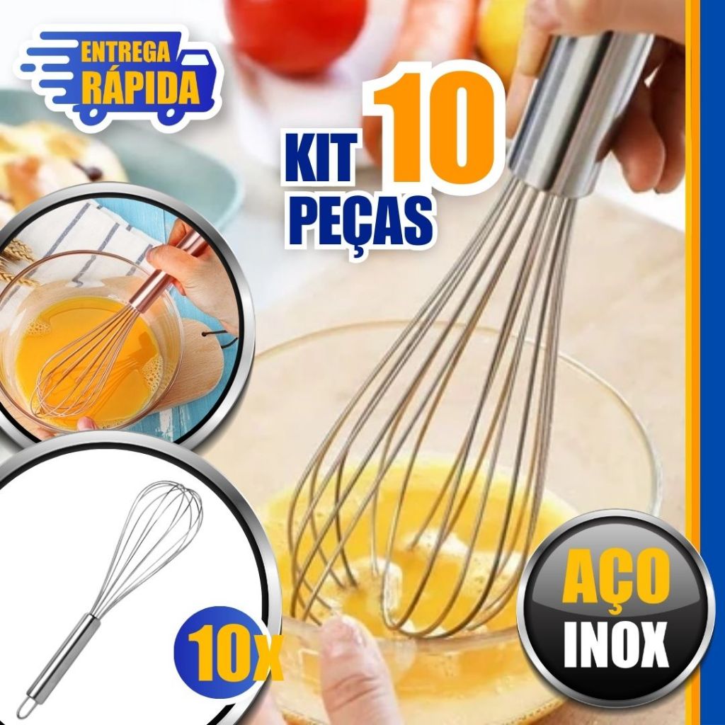 KIT 10 Batedor de Ovos e Massas Em Aço Inox Fouet Fue Profissional o Mixer Manual 30cm