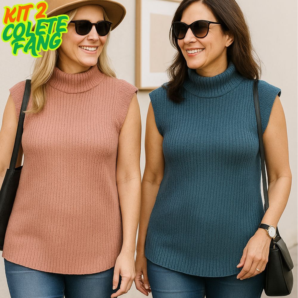 Kit 2 Colete Feminino Sueter Fang Max Tricô Modelo Mullet Inverno Macio Atemporal tricot Tam. Único