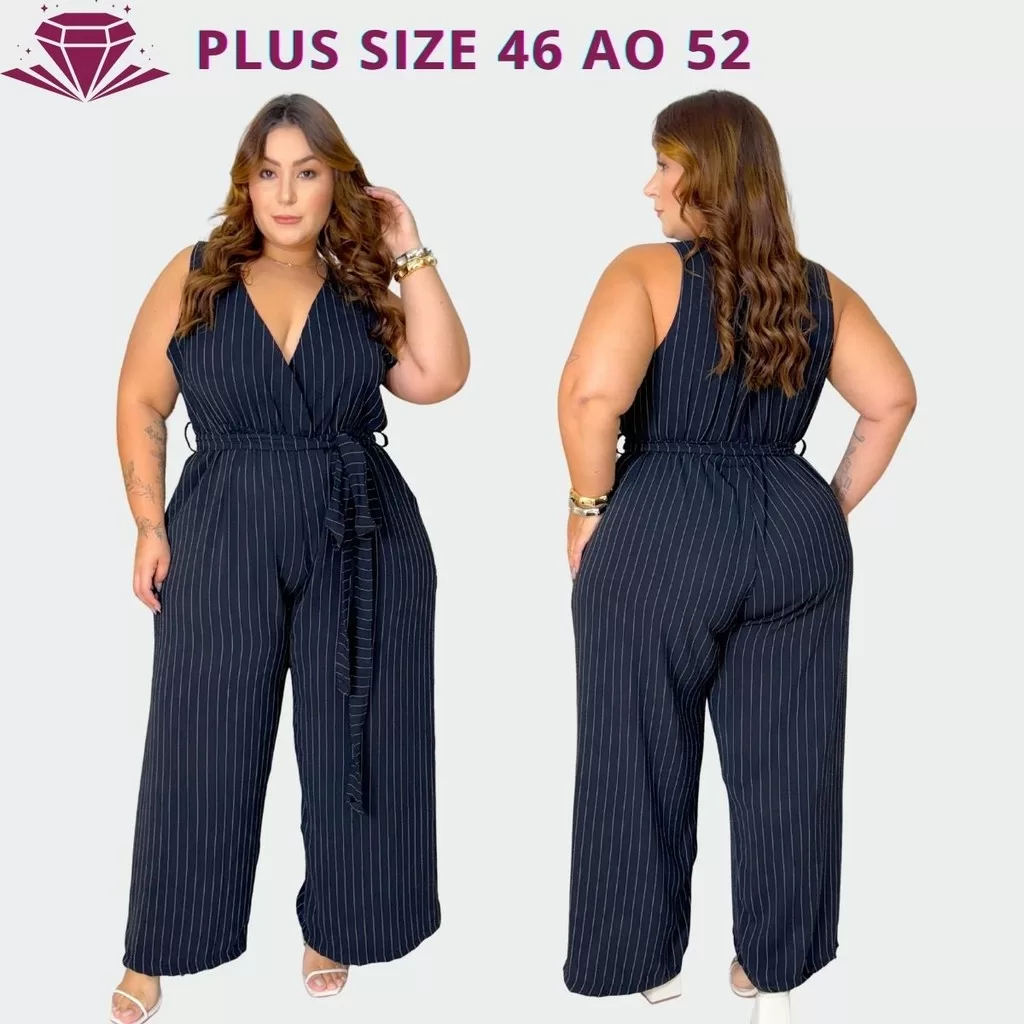 Macacão Feminino Plus Size Longo Risca de Giz Cavado Decote V Transpassado Tecido Duna Cinto 46-52