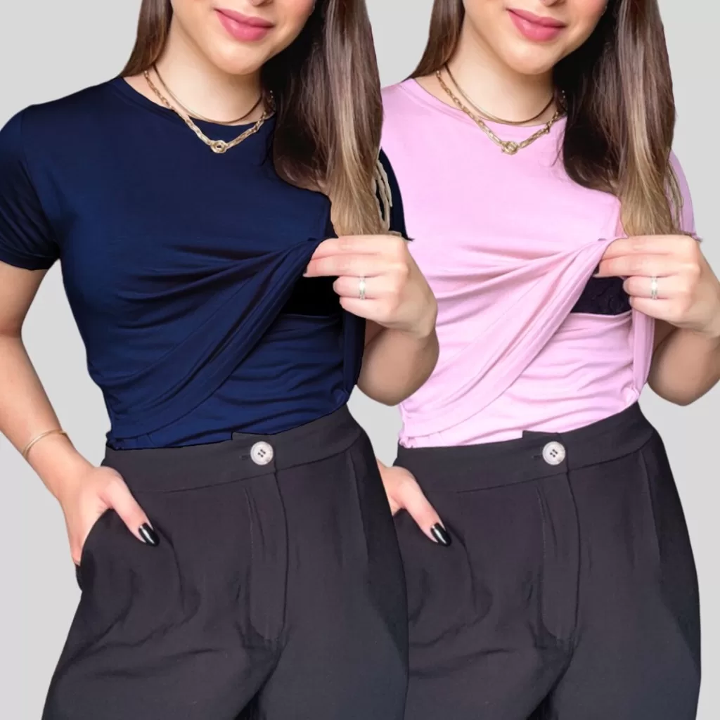 KIT 2 Blusa de Amamentação Manga curta Camiseta Maternidade