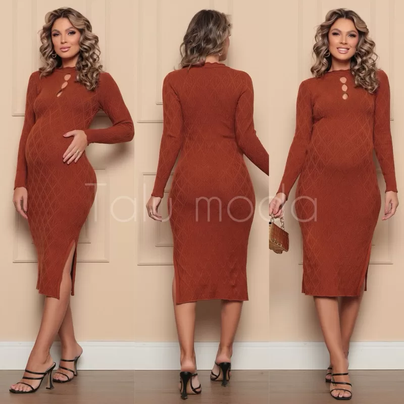 Vestido Feminino Gestante Até 8 meses Mídi Tricot Inverno Modal Com Detalhe No Busto 2116