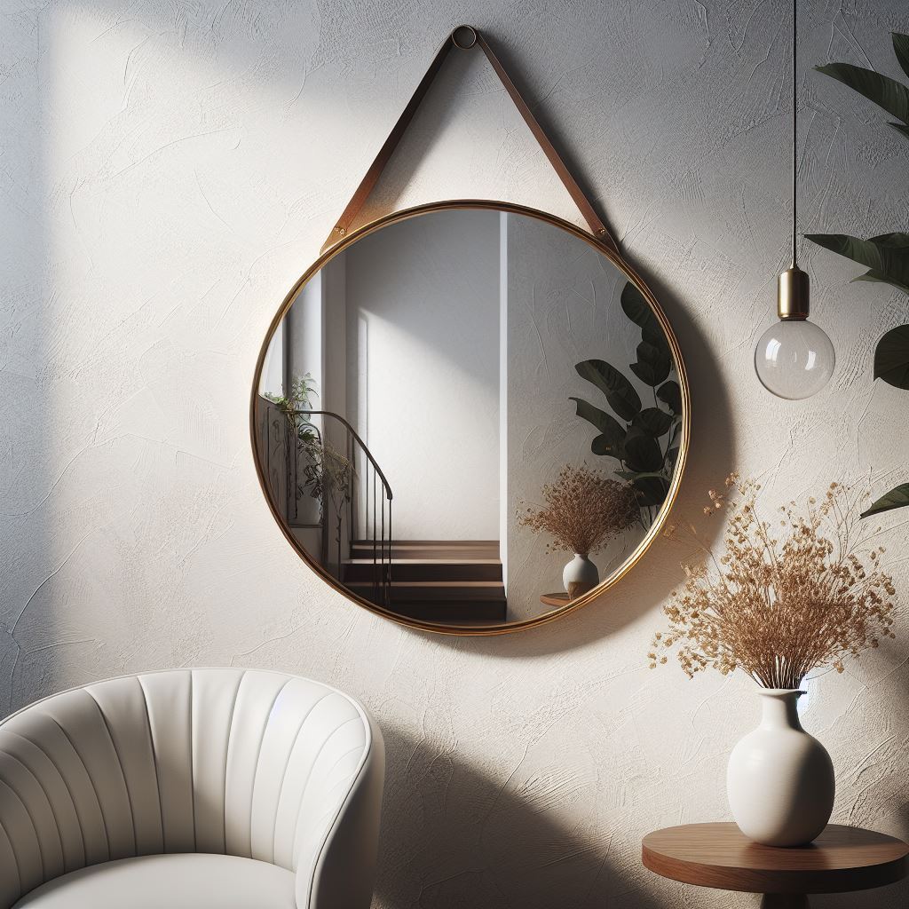 Espelho Adnet Redondo 50cm Com Alça e Suporte Decorativo Para Sala Lavabo Banheiro