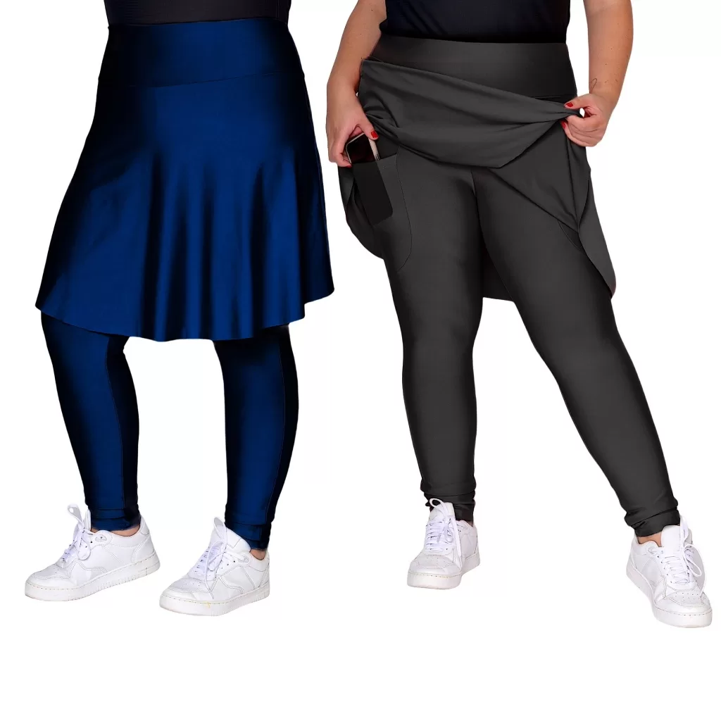 Calça Saia Com Bolso Preta Moda Plus Size Fitness Em Suplex