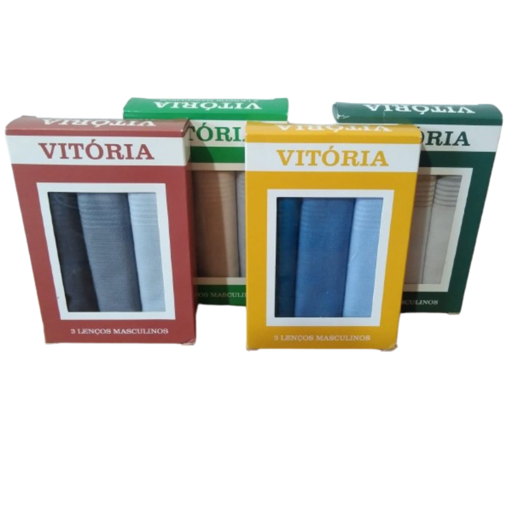 Lenços de Bolso kit com 3 Masculino 28x28cm Algodão Caixa Vitória Branco Colorido