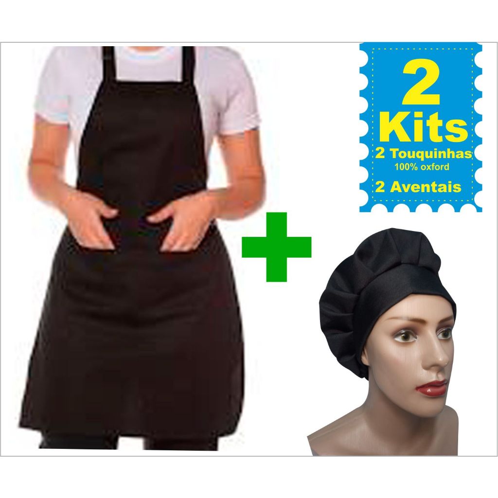 Kit 4 Peças 2 Aventais Preto Oxford + 2 Toucas Cozinha Profissional Unissex Restaurante Padaria