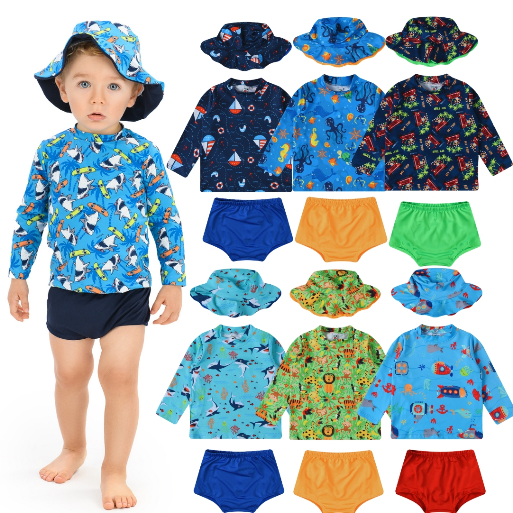 Kit Lote Blusa com Proteção Solar UV50 + Tapa Fralda (sunga) + Chapéu Bebê e Infantil Moda Praia Men
