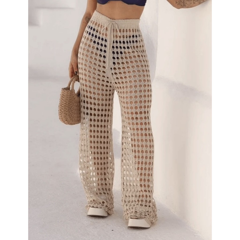 Calça Saída de Praia e Piscina Tricô Ponto Crochê Moda Verão
