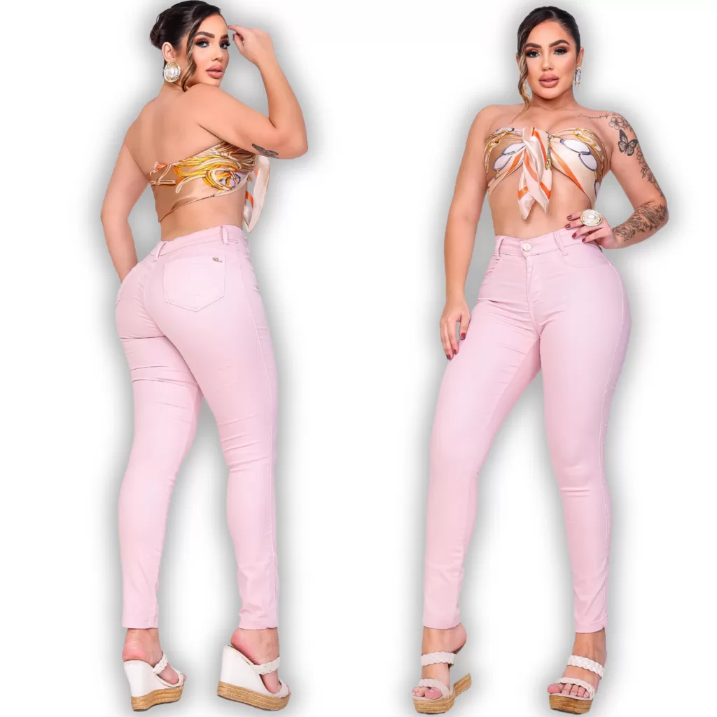 Calça jeans rosê skinny elastano lycra premium feminina levanta Bumbum Elastano Cintura alta Modelad