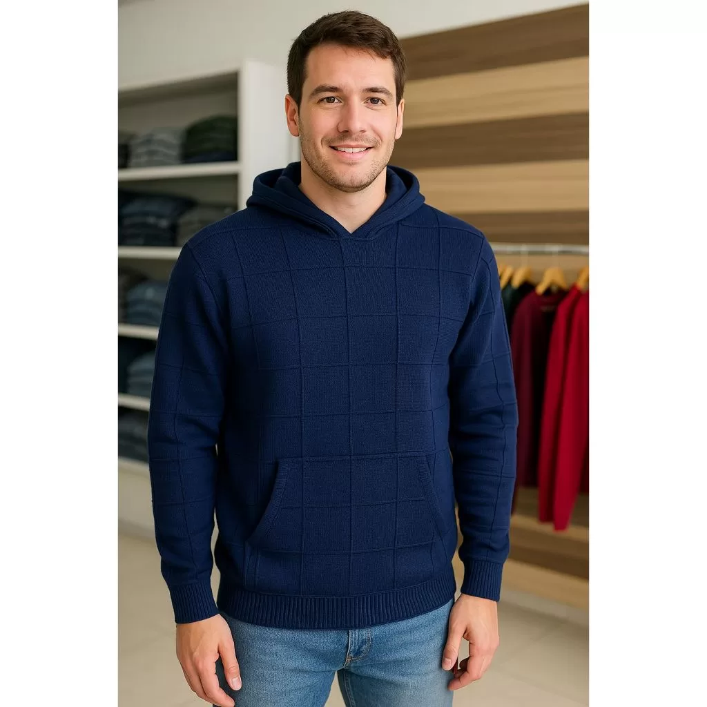Blusa Masculina de tricot com capuz e bolso.