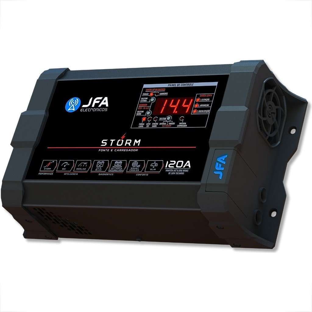 FONTE CARREGADOR AUTOMOTIVO JFA 120A AMPERES STORM PLUS SISTEMA INTELIGENTE MODELO NOVO