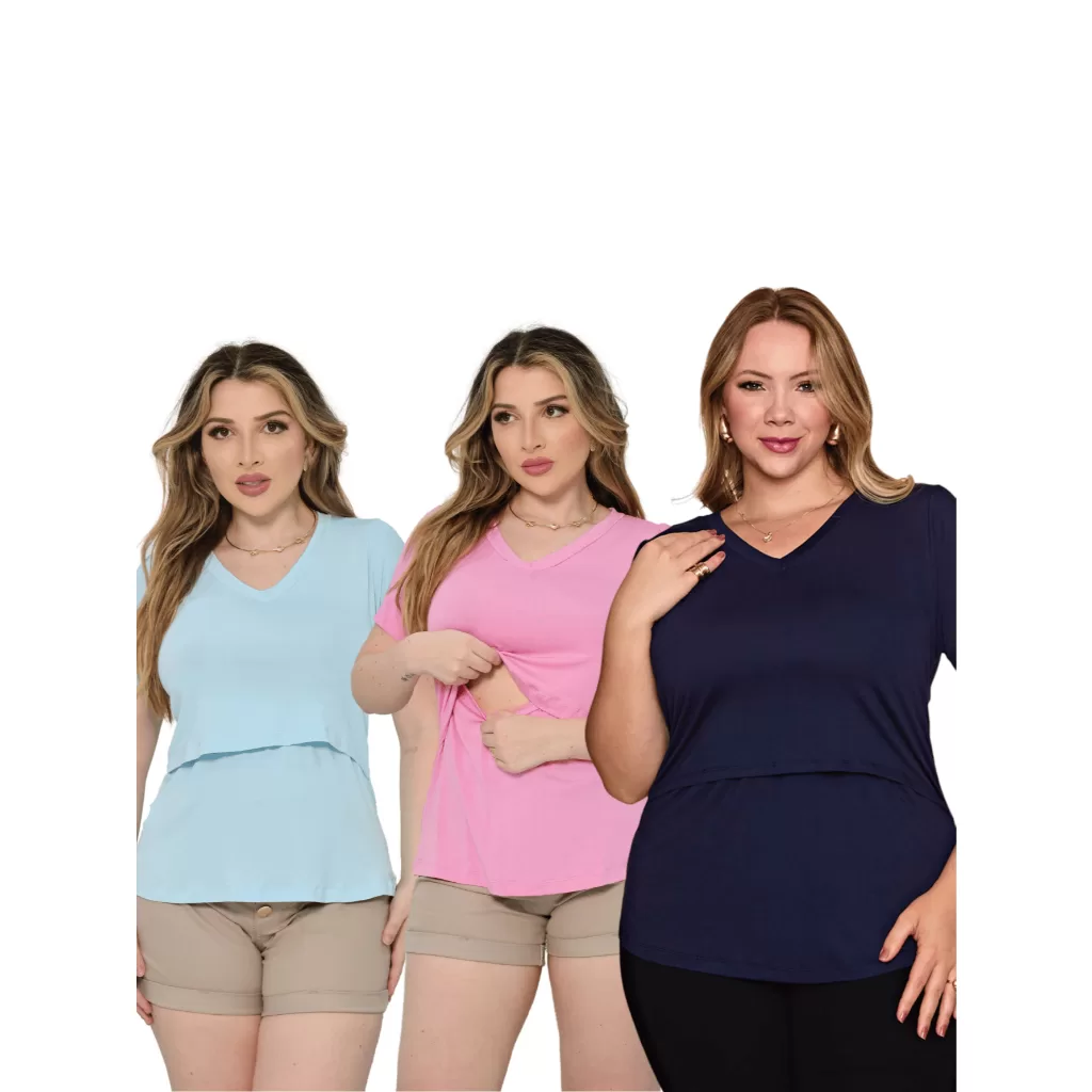 Kit 3 Blusa Camiseta Gola V Amamentação blusinha Gestante Com Abertura maternidade mãe lactante bata