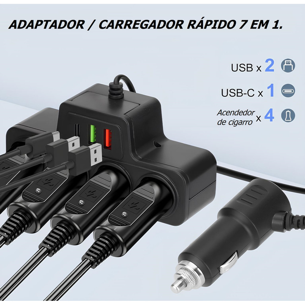 Acendedor De Automovél Carregador De Carro Adaptador Extensão Veicular USB Tipo C Auto Casa
