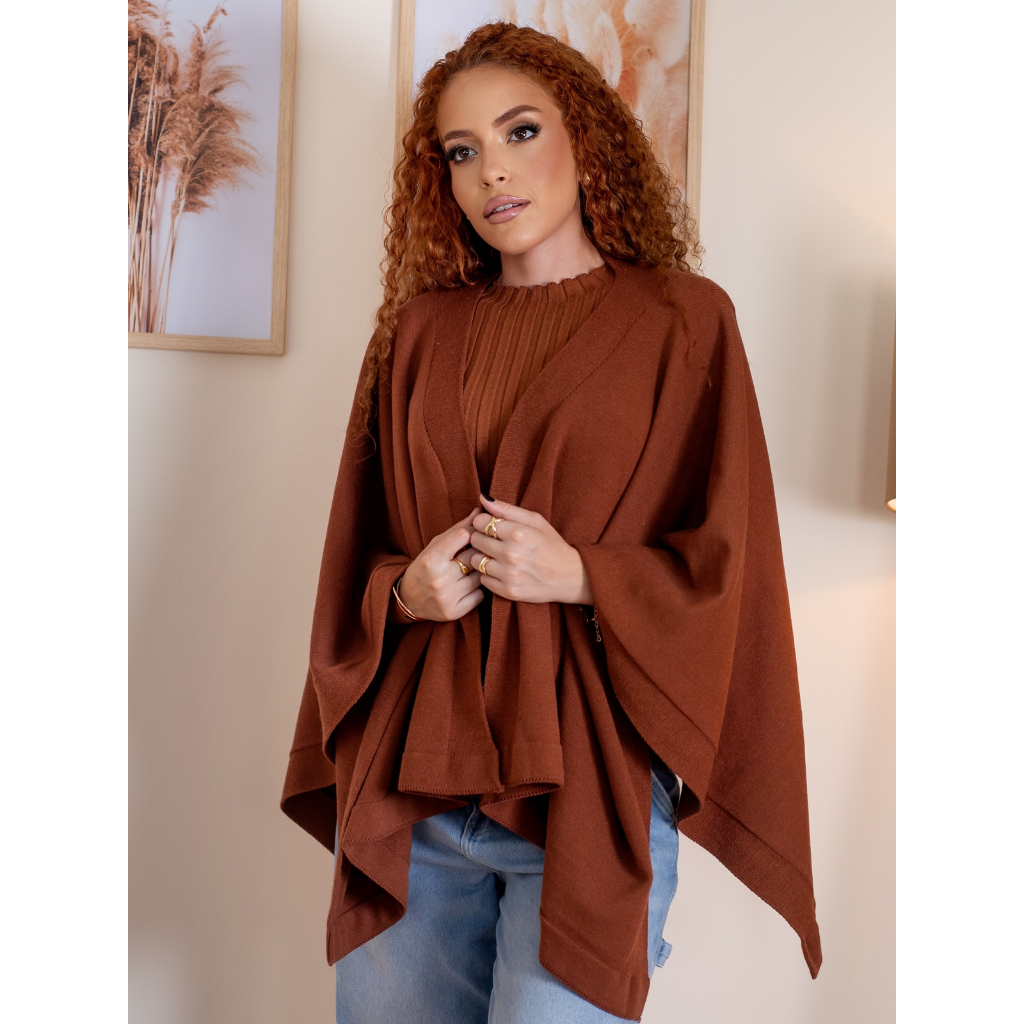 Poncho Feminino Tricot Moderno Elegante Inverno Modal Chic Boho Versátil