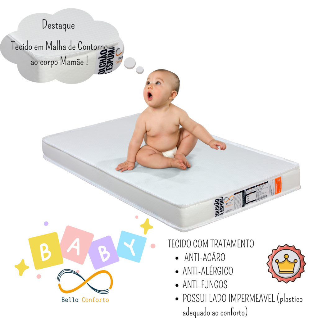 Colchão de Berço D20 modelo Americano 70x130x10A Face impermeavel Branco Bello Conforto