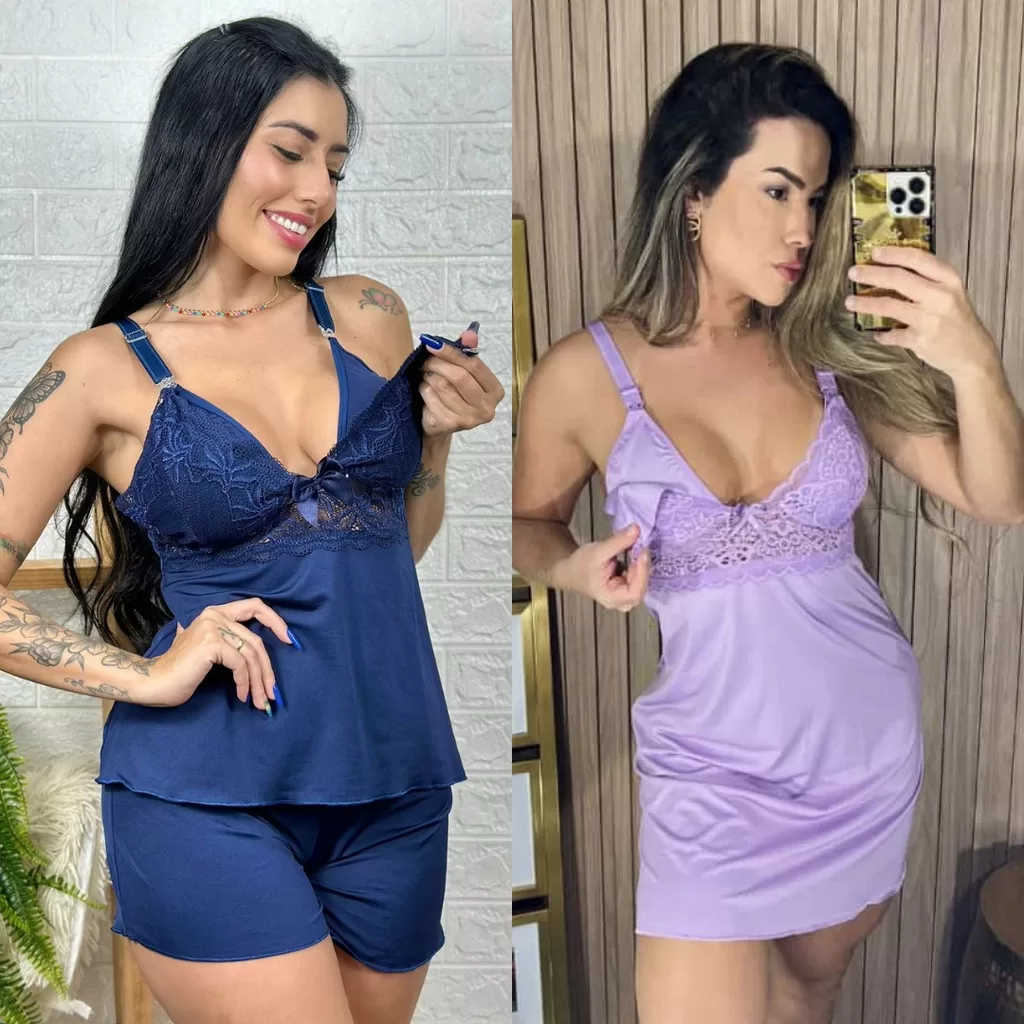 Kit Com 2 Camisola Amamentação E Baby Doll Amamentação Rendado