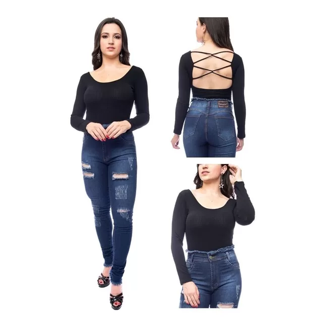 Body Feminino Manga Longa Costas Nua Tiras Cruzada