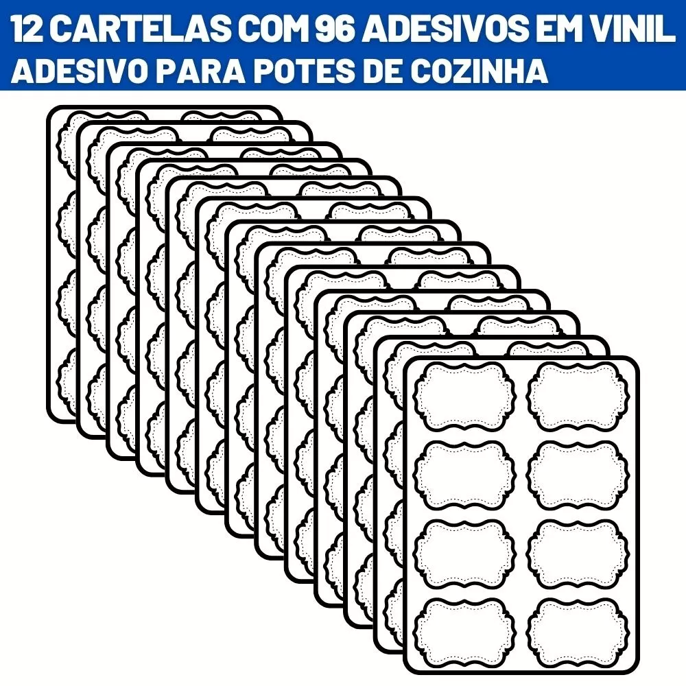 12 com Cartelas com 96 Etiquetas 6 x 4 cm Adesivo Resistente para Porta Condimentos Temperos de Cozi