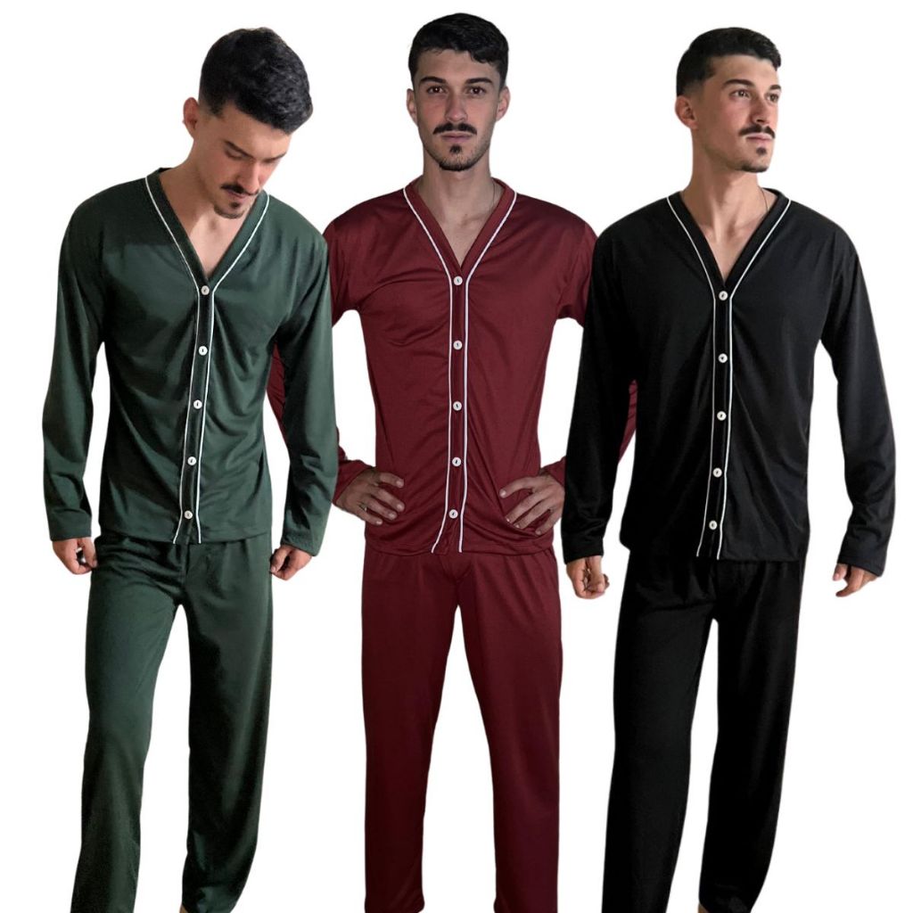 Pijama Longo Americano Masculino / Pijama de Botão / Roupa de Dormir