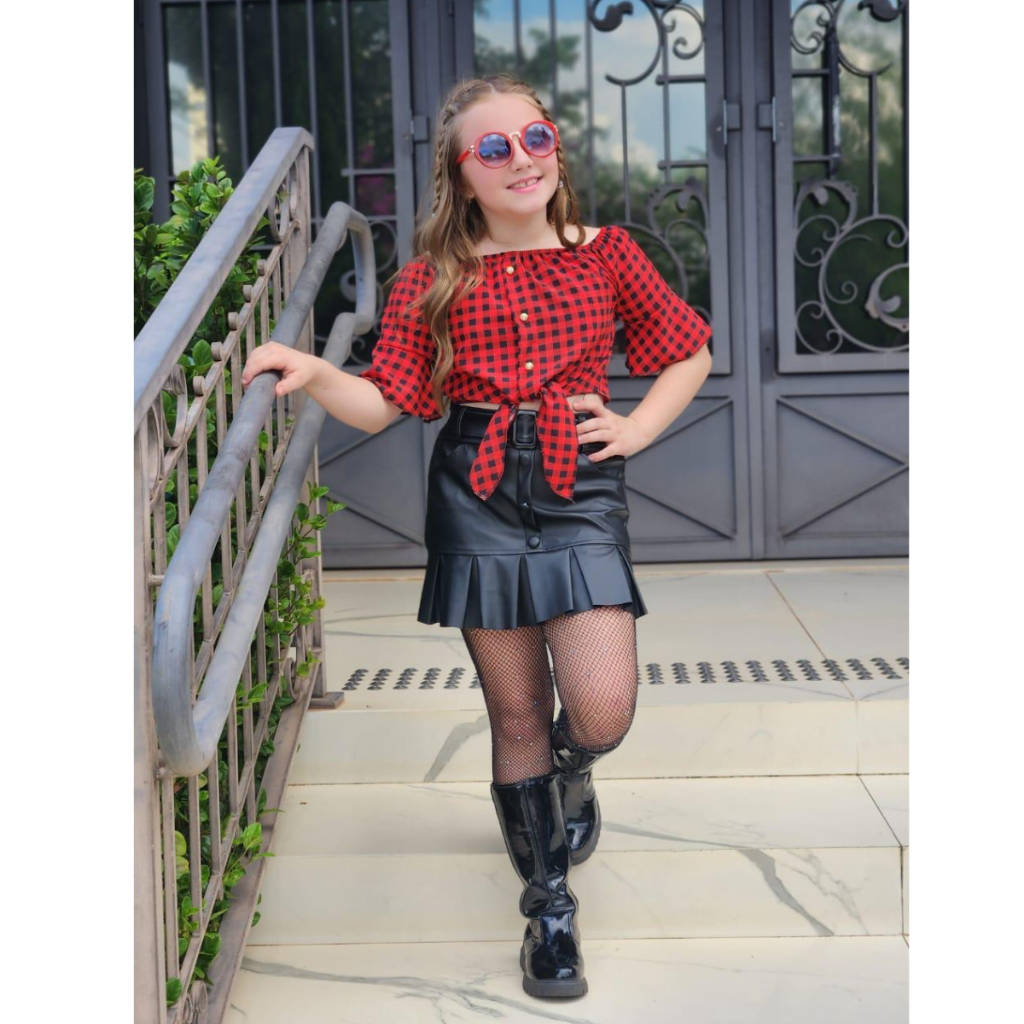 Conjunto Infantil Cropped De Amarrar Xadrez + Saia De Botão e Meia Strass Moda Festa Junina Elegante