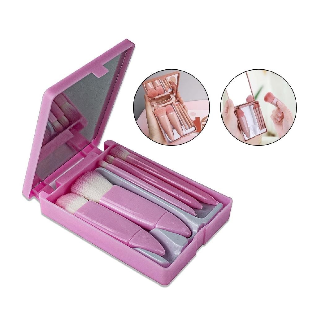 Kit 5 Pincel Maquiagem Bolsa Estojo Espelho Cerdas Macias Viagem Necessaire Cuidados Makeup