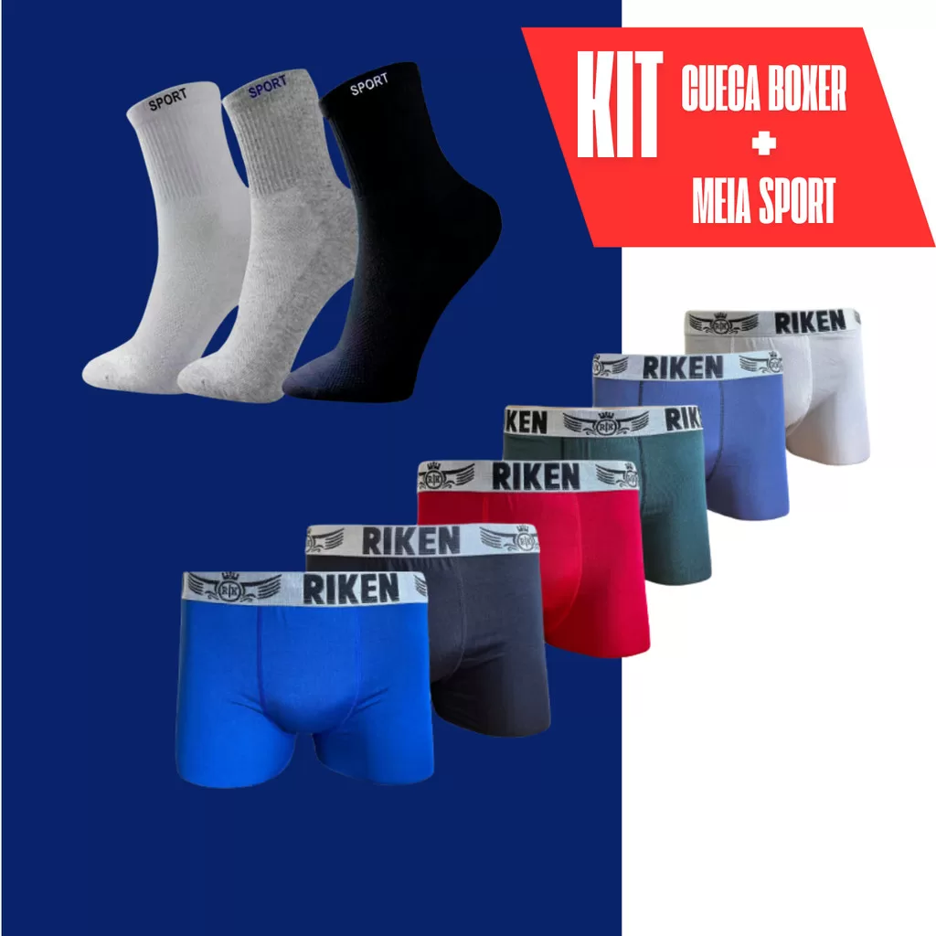 Cueca de Microfibra Boxer com 7 Pçs + 3 Pares de Meias SPORT Masculina Cano Médio