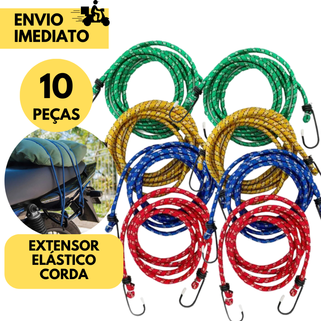 Kit 10 Corda Elástica Extensora c/ 2 Ganchos p/ Bagageiro Tam 1,50mt x 8mm Moto Motoboy Amarrar Baga