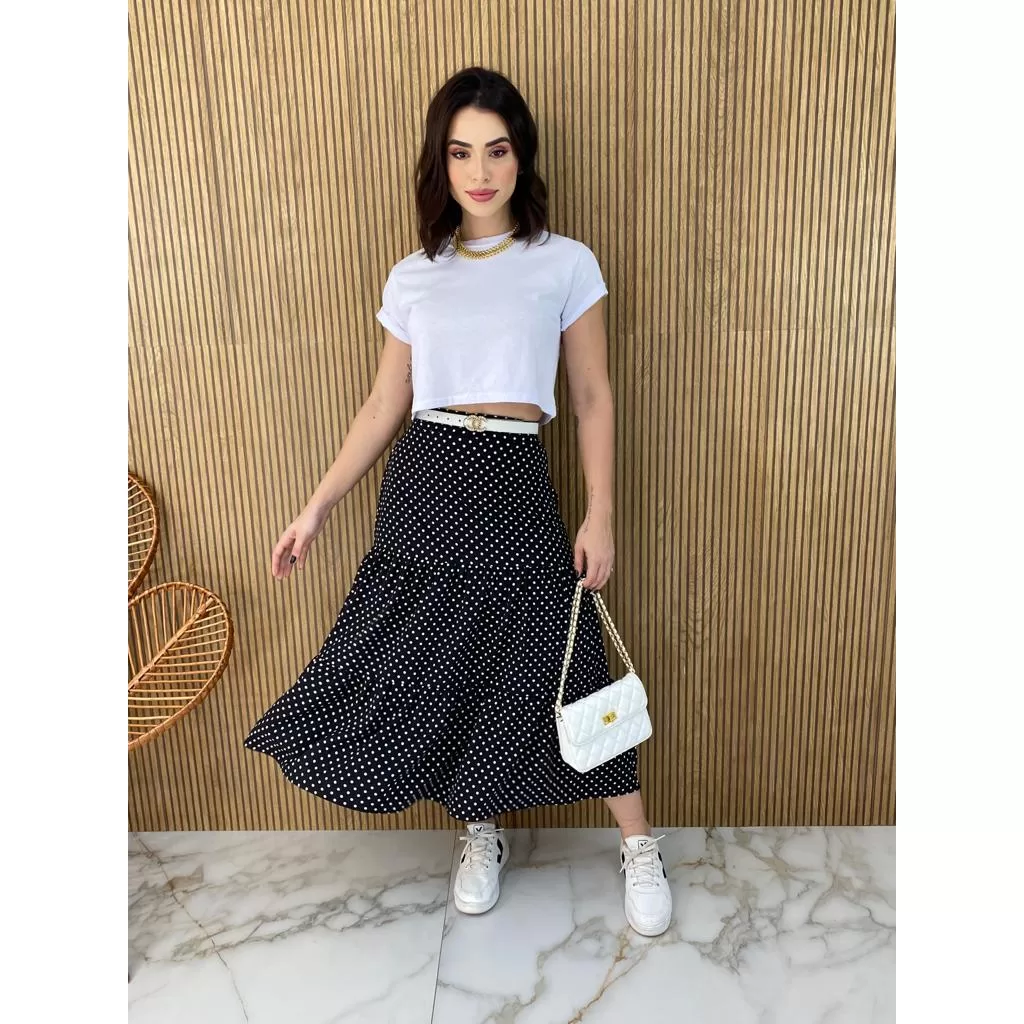 Saia Midi 3 Marias Poá Estampa de Bolinhas Moda Feminina