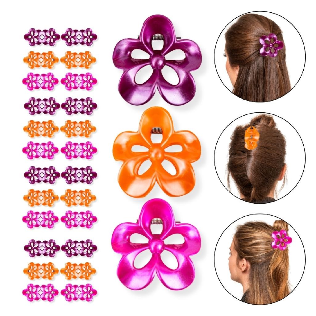 Kit 48 Presilha Prendedor Acessório Cabelo Flor Perolada Colorida Penteado Cabelos Preso Look Verão
