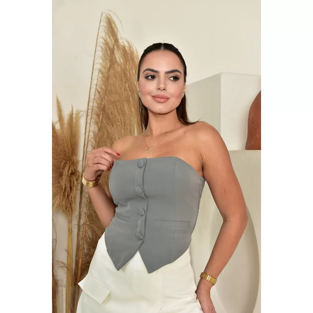 SEROLF | TOP CROPPED FEMININO EM ALFAIATARIA TOMARA QUE CAIA COM LASTEX