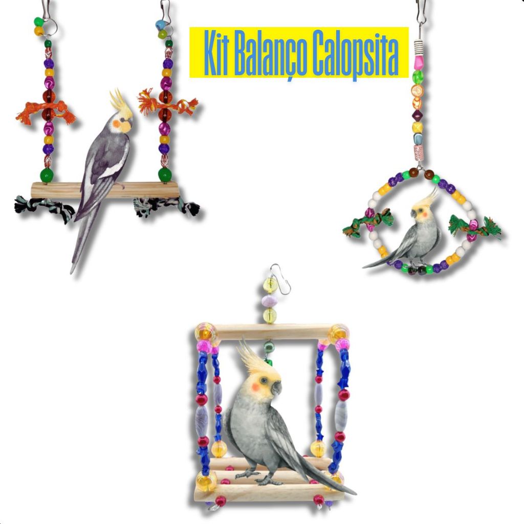 Kit 3 Balanços Colorido Poleiro Pra Calopsita Periquito Aves