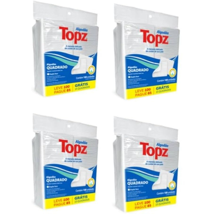 Kit C/4 Algodão Hidrófilo Quadrado Topz Dupla Face C/100 Unidades