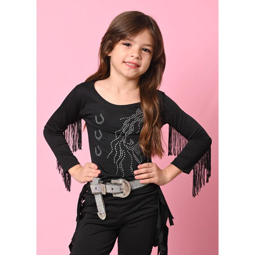 Body Manga Longa Infantil Juvenil Preto Com Franja Strass Brilho Pedraria Country Boiadeira Cavalos