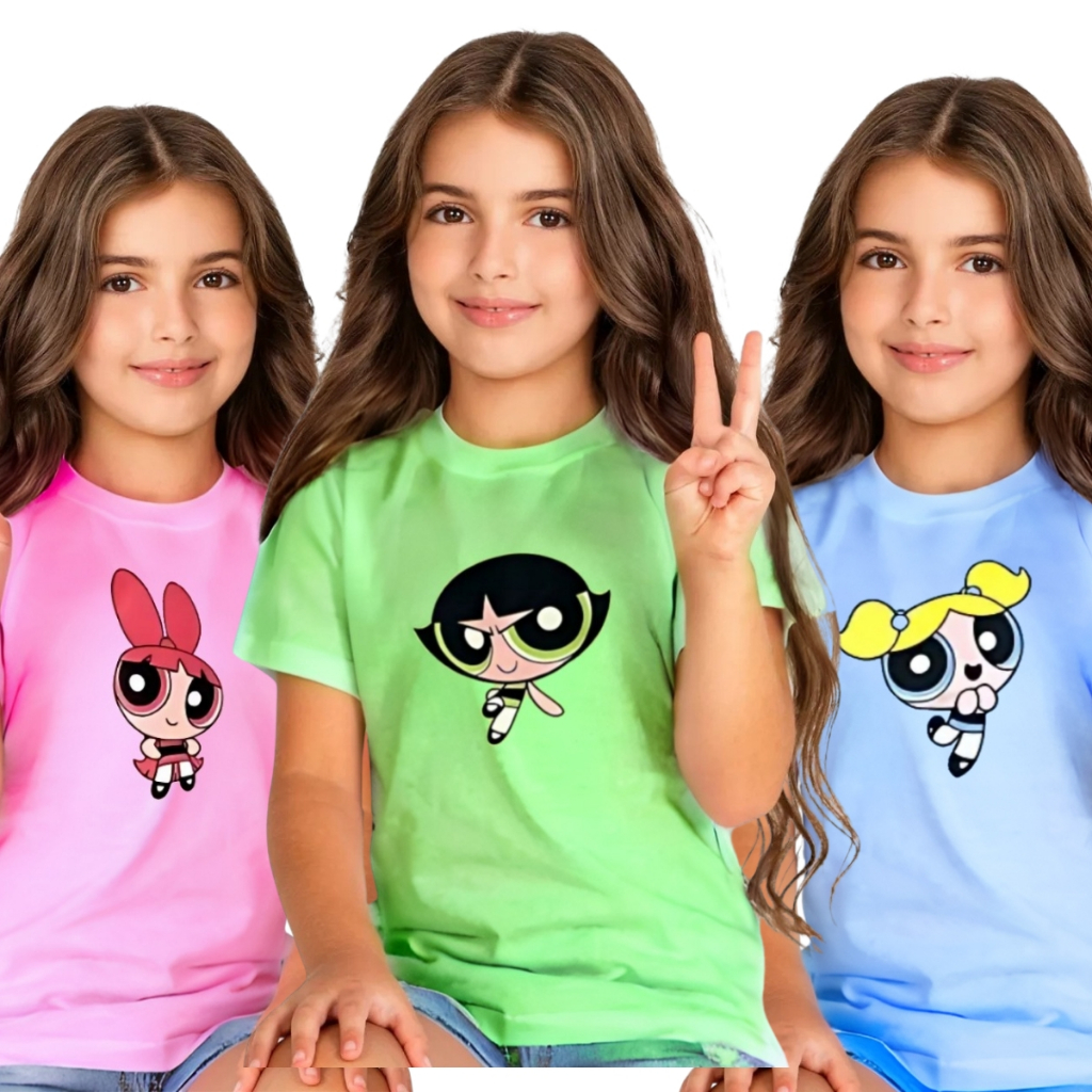Kit 3 Camisetas Feminina Infantil Estampada Meninas Super Poderosas Docinho Lindinha e Florzinha