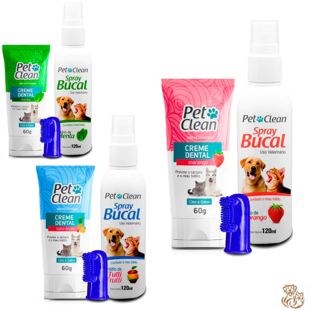 Kit Pet Clean Higiene Bucal Para Cachorro E Gato Creme Dental + Spray Bucal + Escova Dental Dedeira