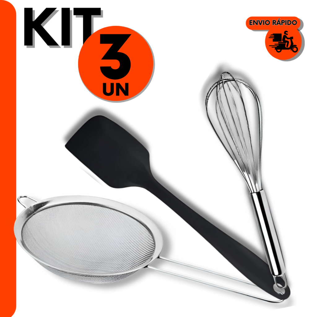 Combo Confeiteiro 3 Pçs  Peneira Inox 20cm + Fuê + Espátula de Silicone Para Profissional na Cozinha