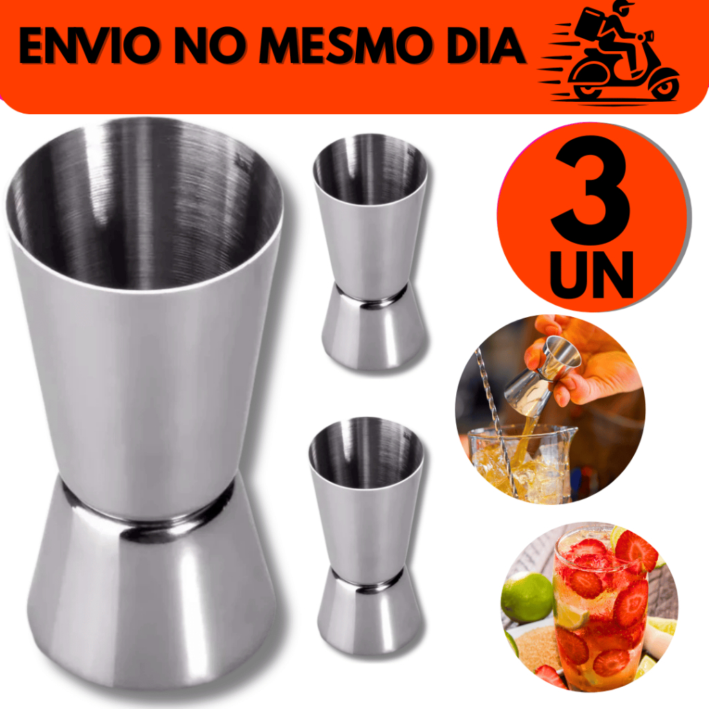 Kit 3 Dosadores Medidor de Bebidas Duplo Barmen Inox, Tamanho 8,5 CM e Medidas 50/25ML