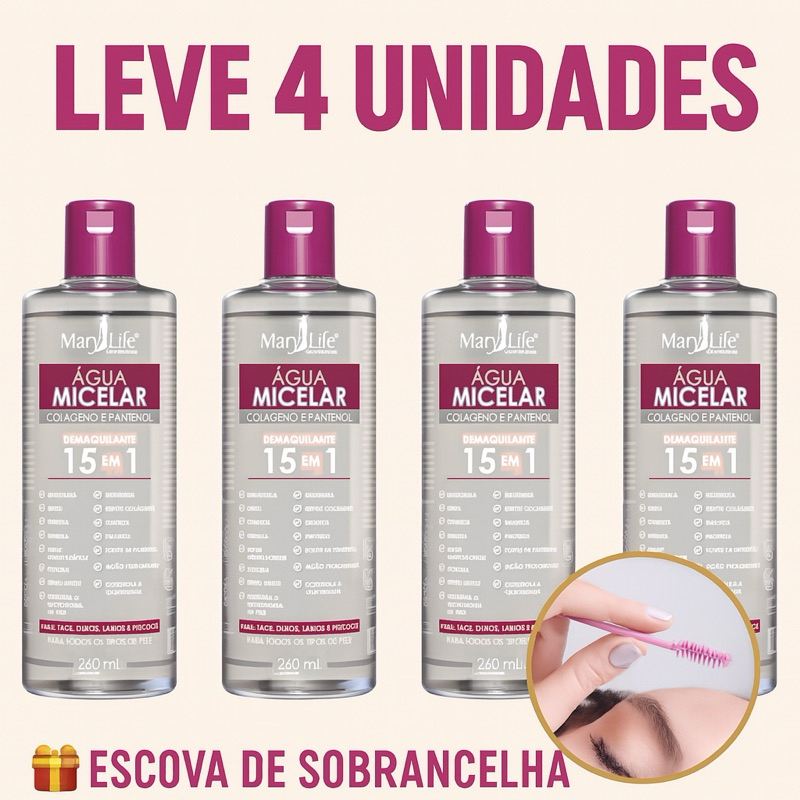 Kit 4 Unidades Água Micelar Colágeno e Pantenol Demaquilante 15 em 1 Remove Maquiagem e Hidrata