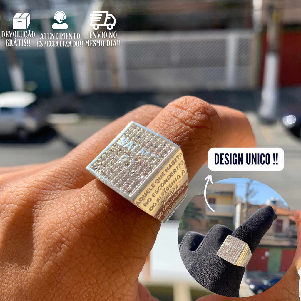 Anel Dedeira Masculina De Prata Brilhante 11g Salmo 91 Cravejado Banhado a Ouro 24k