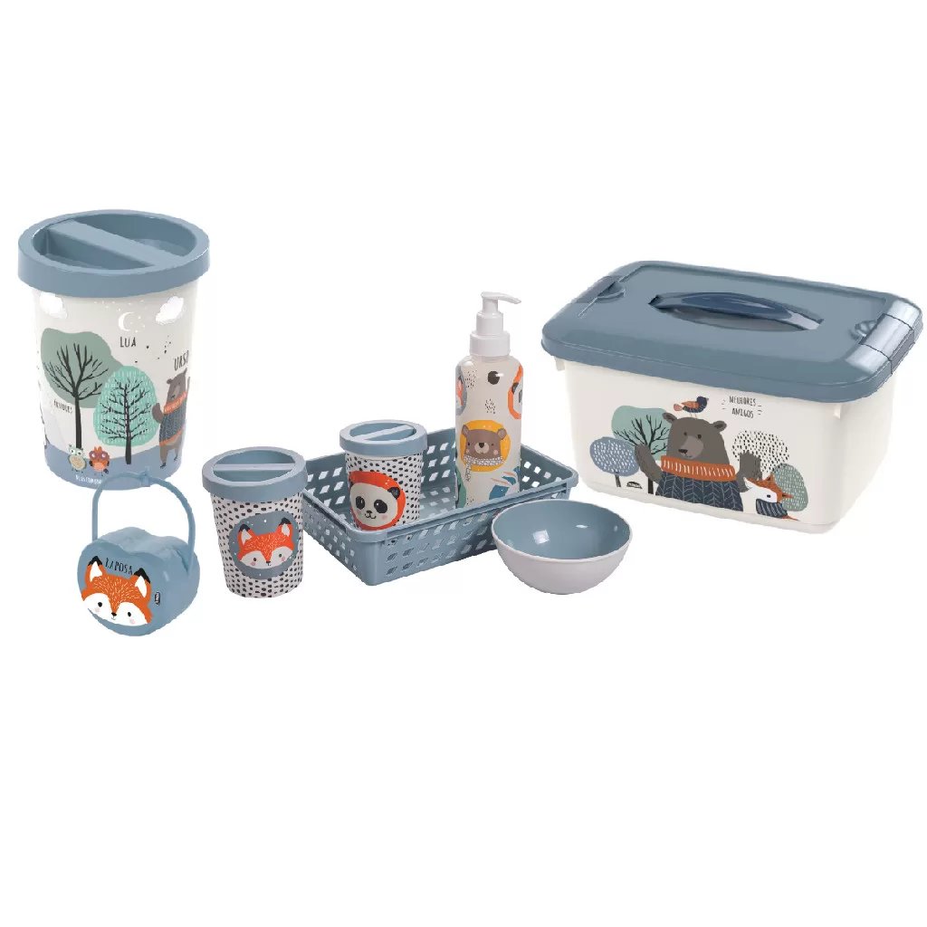 Kit Completo Quartinho bebê 8 peças Bichinhos Azul Plasútil