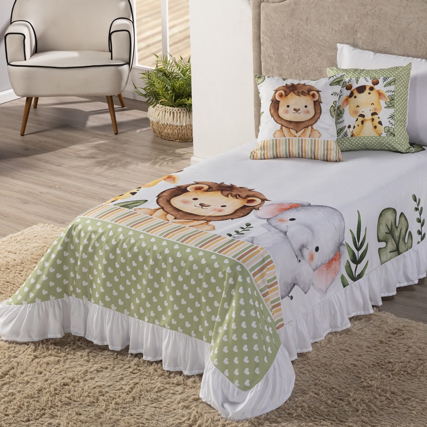 Kit Cobre-Leito Infantil Solteiro 6 Peças 1,70×2,30 | Decoração e Conforto para Quarto/ Safari Baby