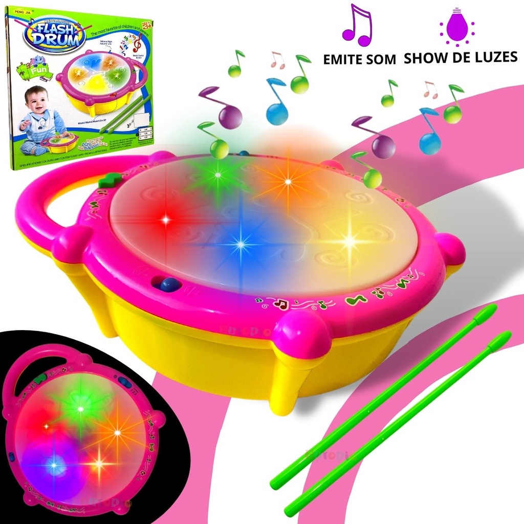 Tamborzinho Musical Infantil Tambor Com Baqueta Som Luz