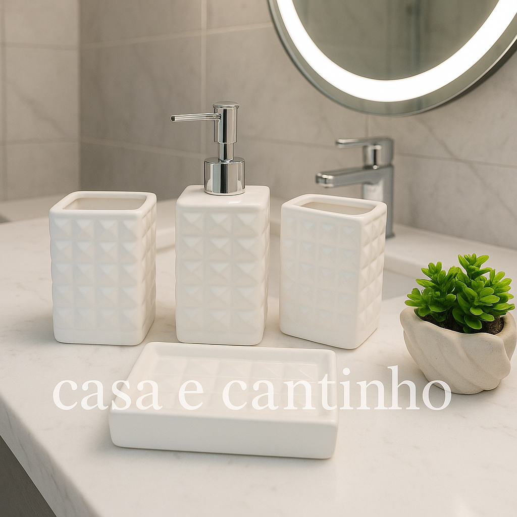 Kit 4 Peças Jogo de Banheiro Lavabo Porcelana Difusor Dispenser Sabonete Liquido Bandeja