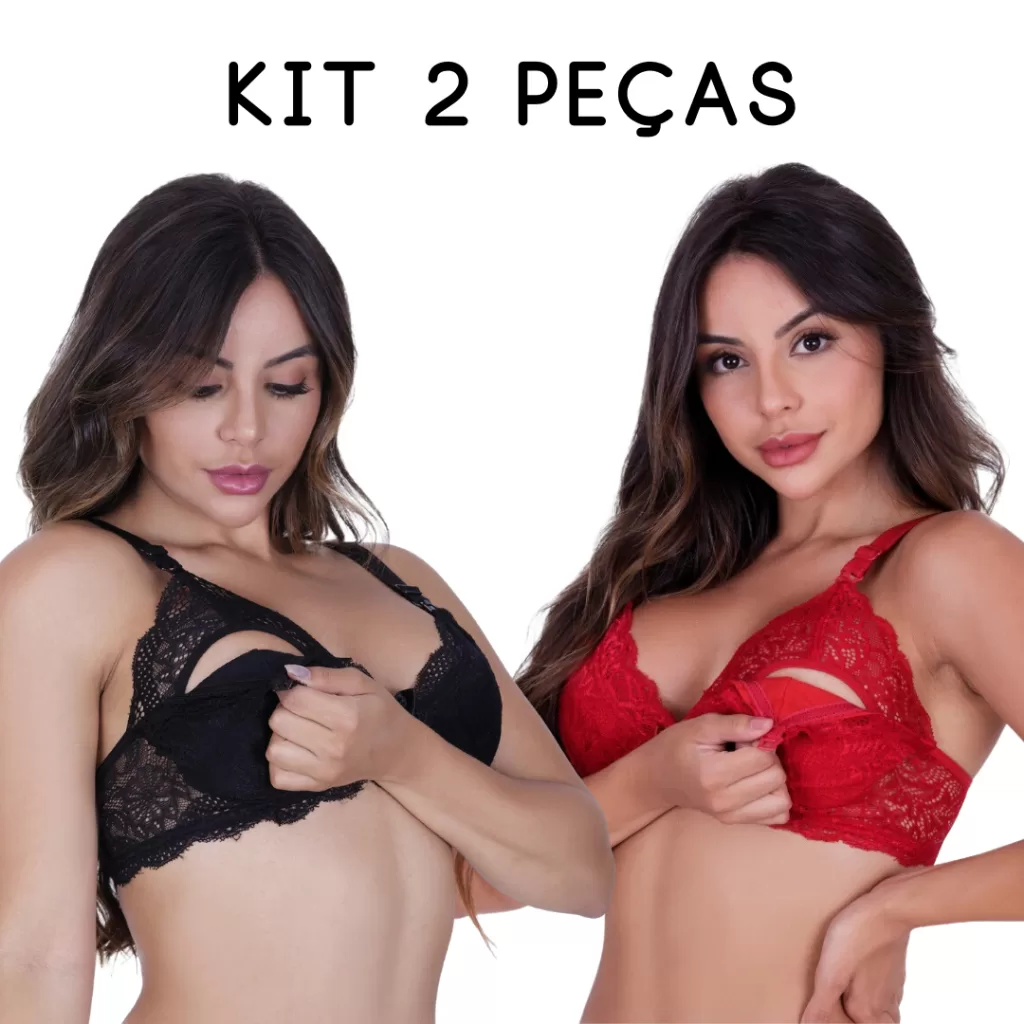 Kit 2 Sutiãs de Amamentação em Renda Click Fácil Sem Bojo Pós-Parto