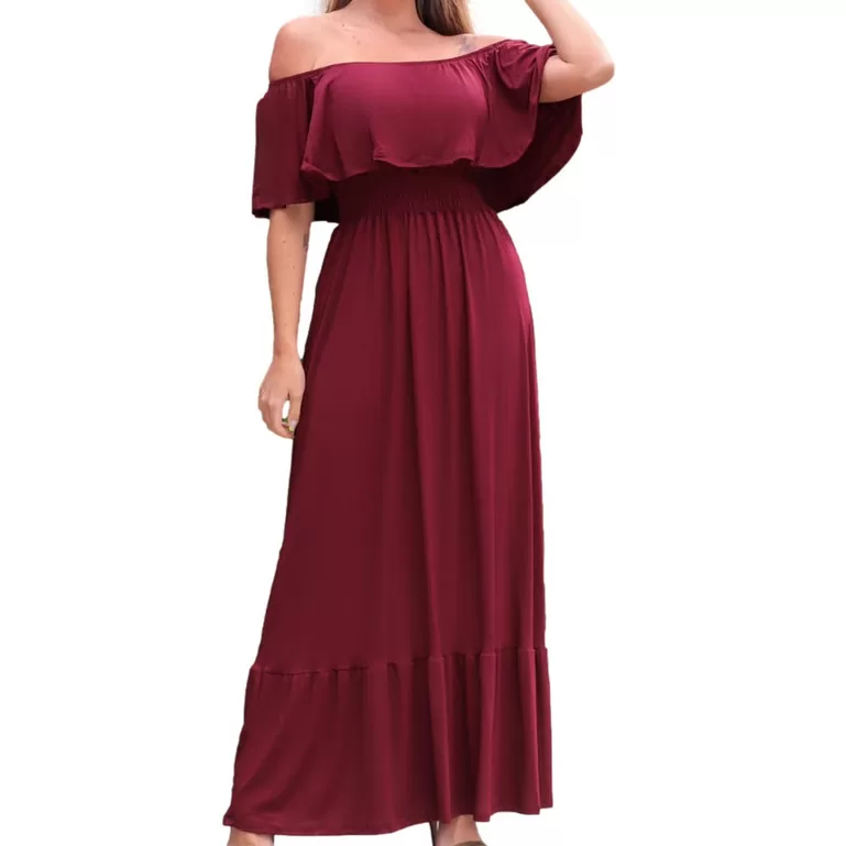 Vestido Longo Babado Feminino Franzido Ciganinha E