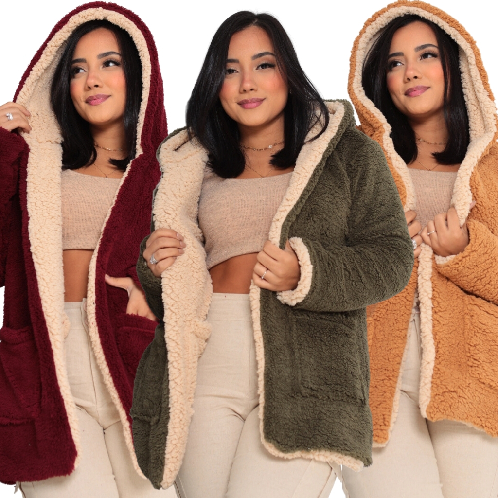 Casaco Teddy Duplo Feminino Dupla Face Com Capuz Casaco Reversível Inverno Quentinho