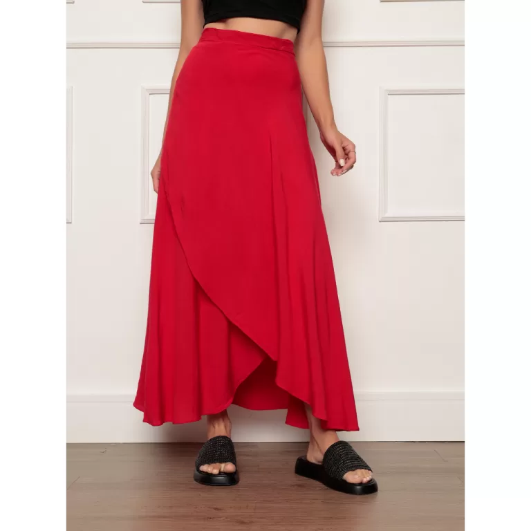 Saia Envelope VermelhaTranspassada Longa feminina 