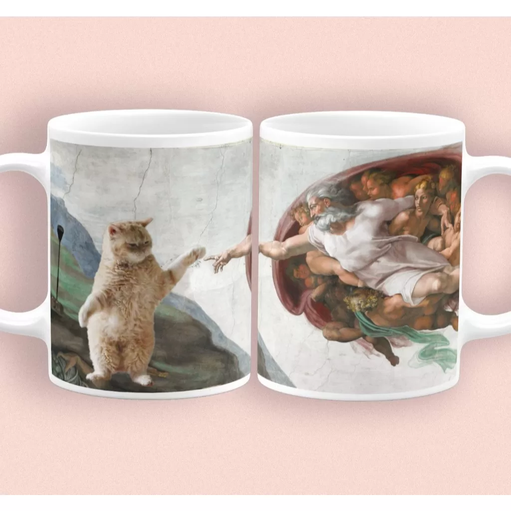 CANECA GATO A CRIAÇÃO DE ADÃO CAPELA SISTINA ARTE DIVERTIDA XICARA ENGRAÇADA