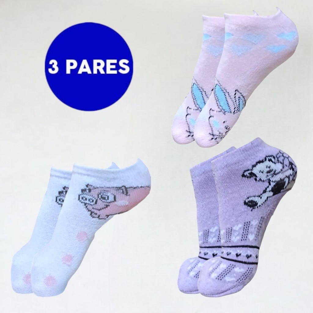 Kit 3 Meia Infantil Estampada Cano Curto Confortável Feminina 31a34