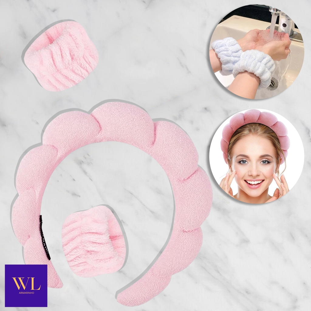 KIT 3 Peças Lavagem Facial Alça de Pulso Veludo Coral/Fivela de Cabelo Torção/Maquiagem/Ustensílios
